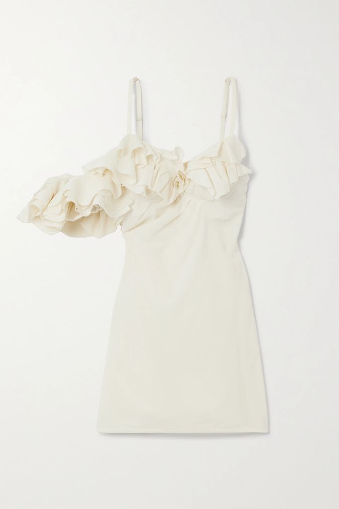 Duna Ruffled Grain De Poudre-trimmed Wool-blend Midi Dress - White