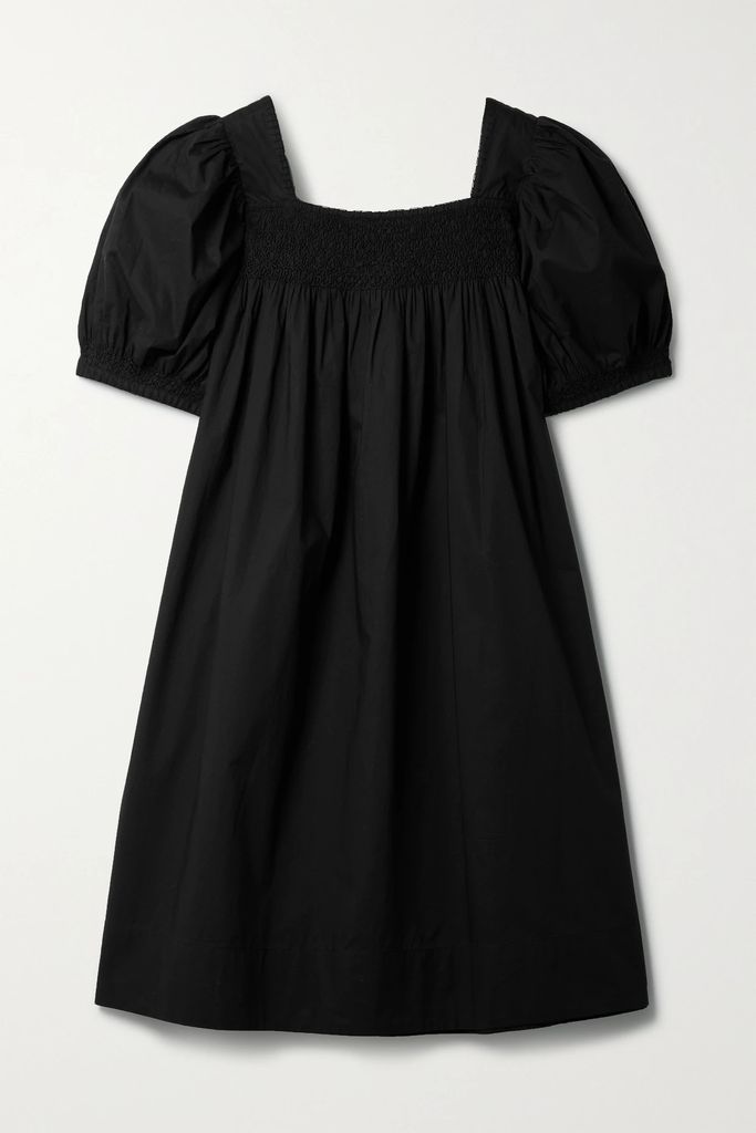 Earhart Smocked Organic Cotton-poplin Mini Dress - Black