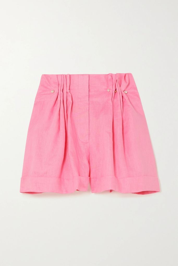 Eden Pleated Faux Pearl-embellished Linen Shorts - Pink
