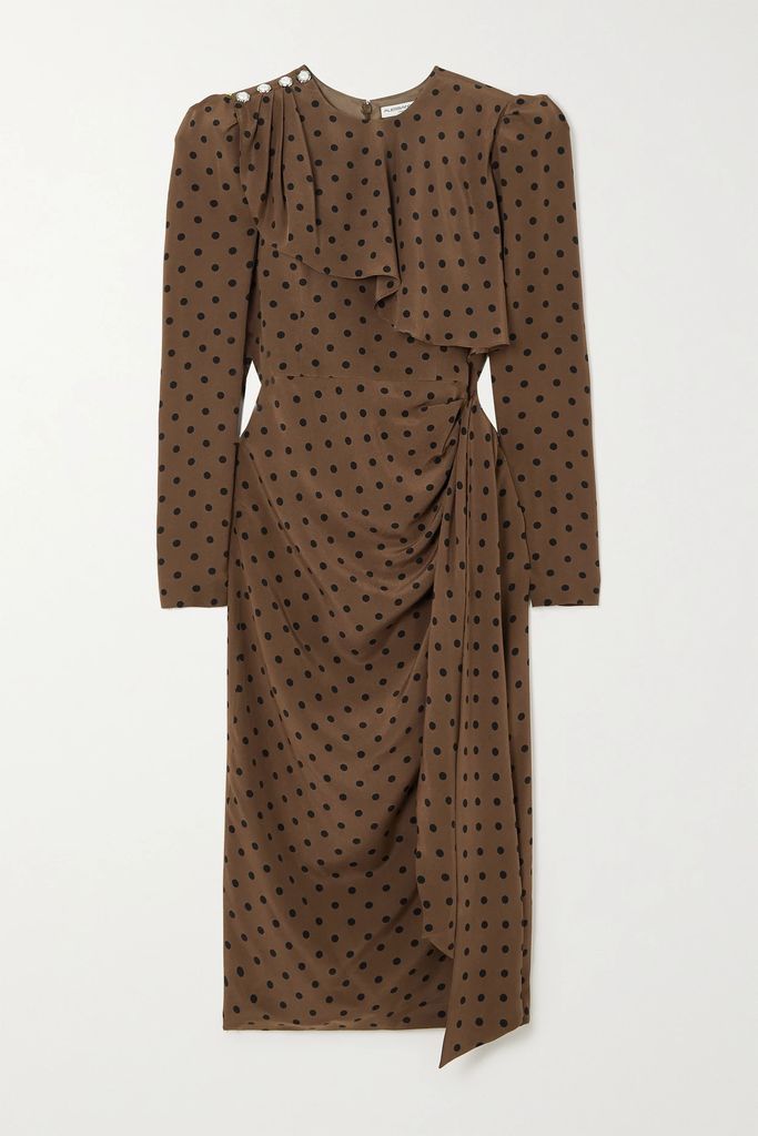 Embellished Draped Polka-dot Silk-crepe Midi Dress - Brown