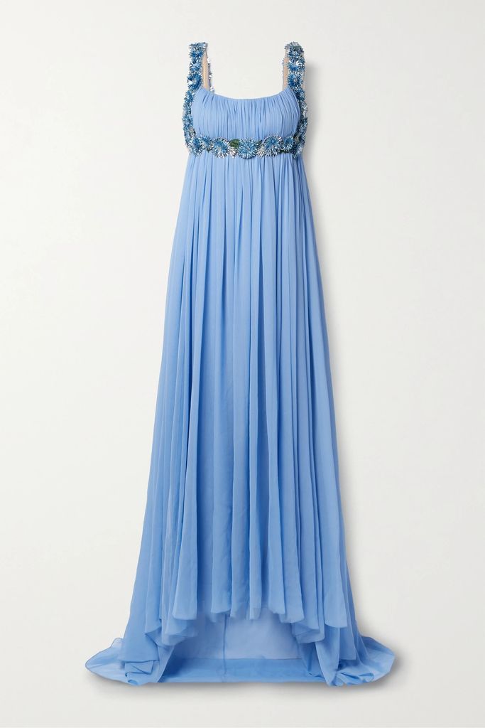 Embellished Embroiderd Silk-chiffon Gown - Light blue