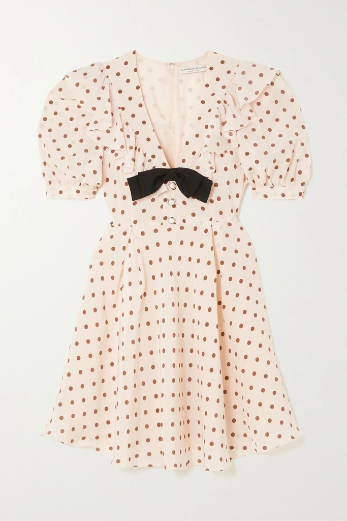 Embellished Ruffled Polka-dot Silk Mini Dress - Beige