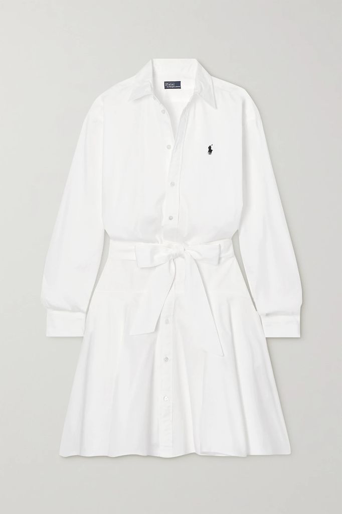 Embroidered Belted Cotton-poplin Mini Shirt Dress - White