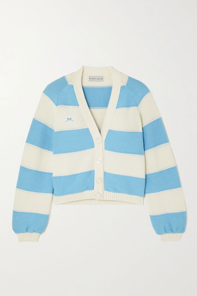 Embroidered Striped Cotton Cardigan - Blue