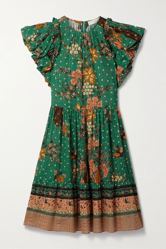 Etta Ruffled Printed Cotton-blend Seersucker Dress - Turquoise
