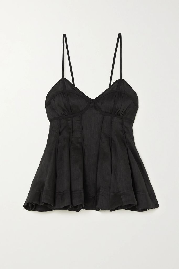 Evangeline Paneled Linen And Silk-blend Camisole - Black