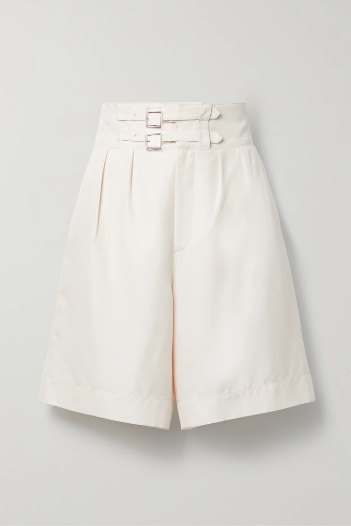 Francine Pleated Silk-piqué Shorts - White