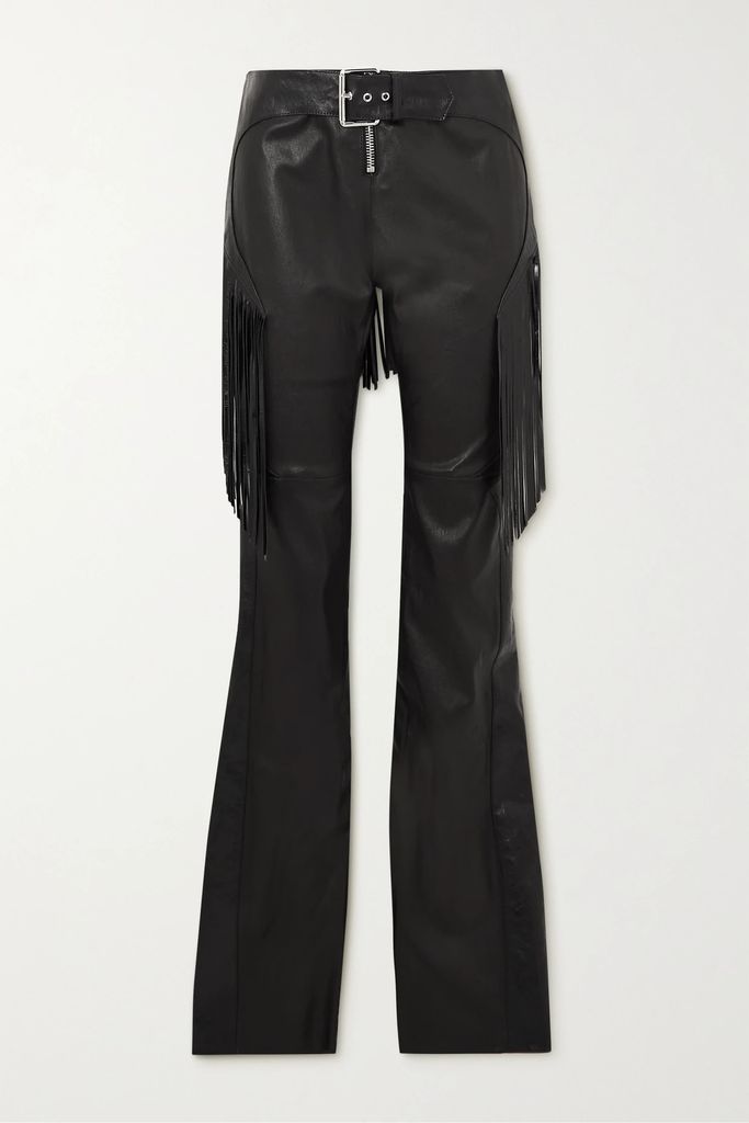 Fringed Belted Leather Slim-leg Pants - Black