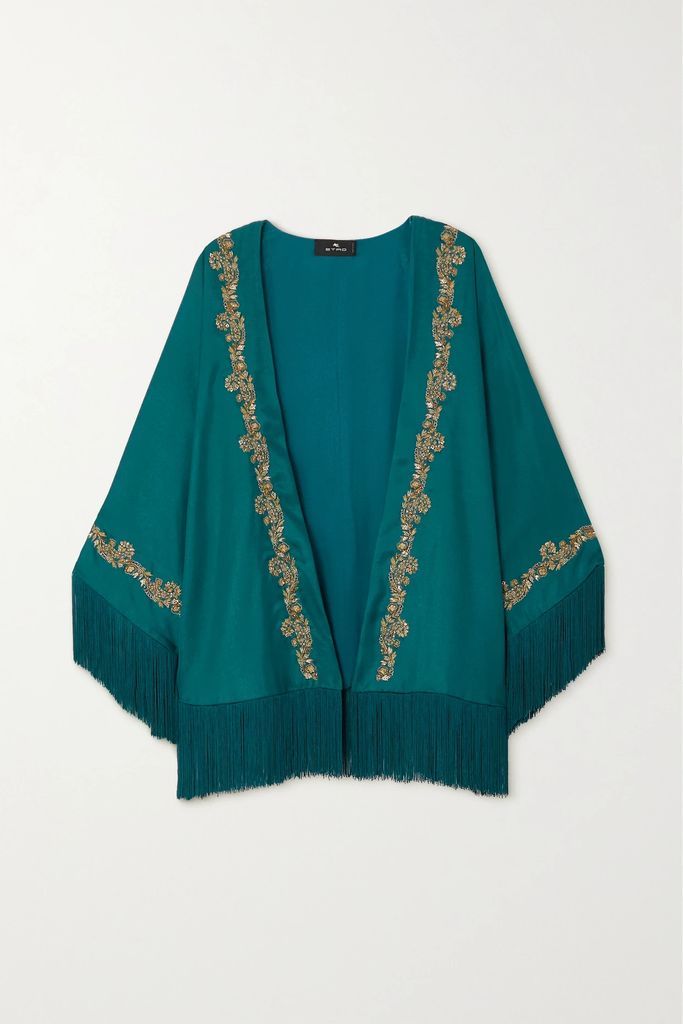 Fringed Embellished Embroidered Satin Jacket - Teal