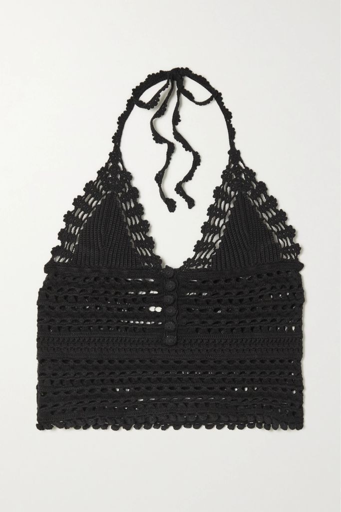 Frinley Cropped Crocheted Cotton Halterneck Tank - Black