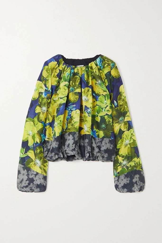 Gathered Floral-print Silk And Cotton-blend Top - Yellow