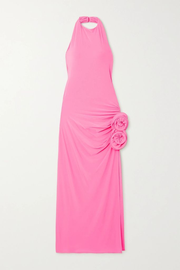 Halterneck Draped Appliquéd Stretch-jersey Midi Dress - Pink
