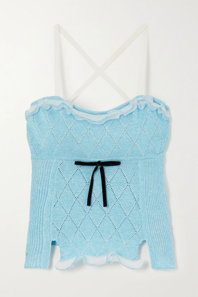 Heide Velvet-trimmed Pointelle-knit Metallic Cotton-blend Camisole - Blue