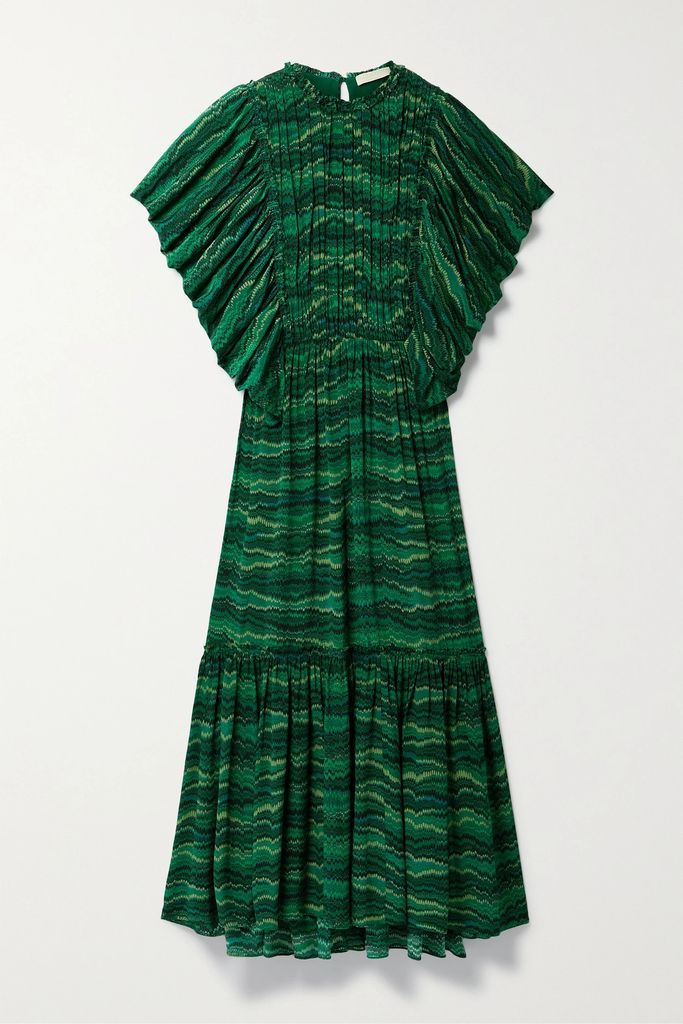 Ilaria Gathered Printed Silk-crepe Midi Dress - Green