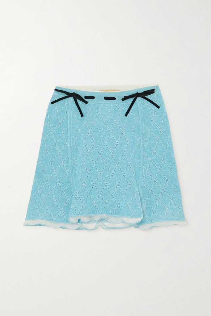 Isha Velvet-trimmed Pointelle-knit Cotton-blend Mini Skirt - Blue