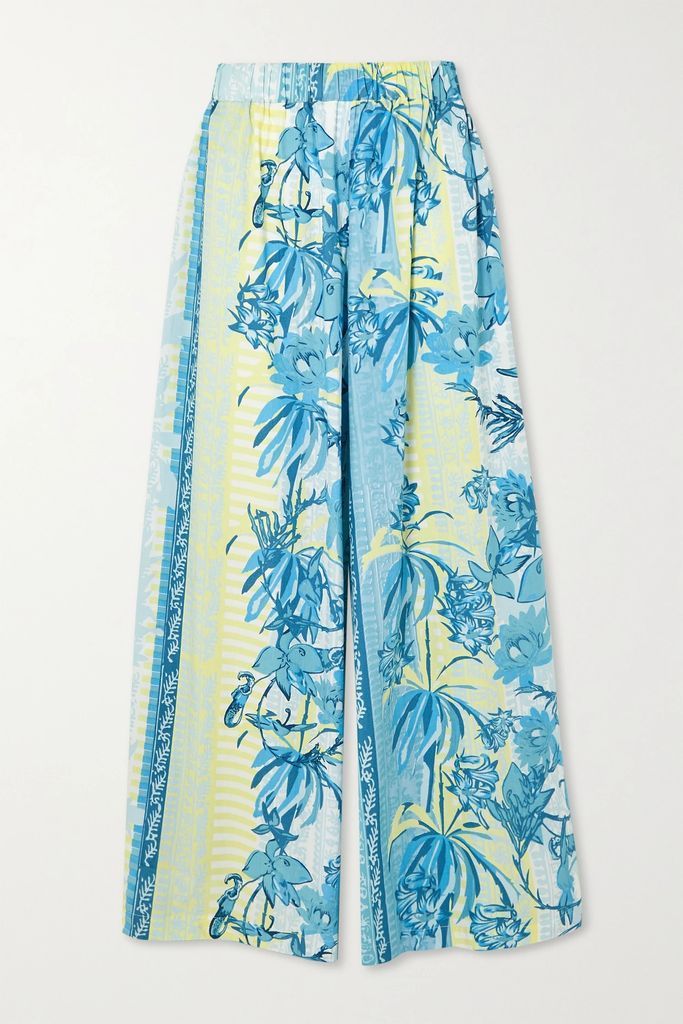 Jade Floral-print Cotton-voile Wide-leg Pants - Blue