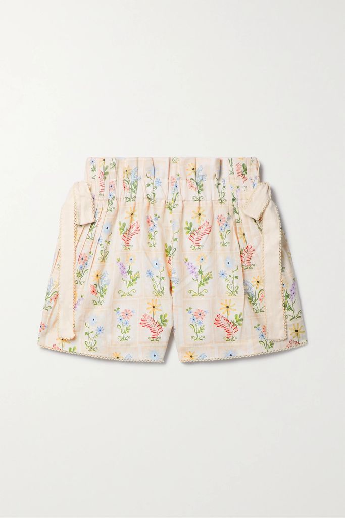 Janeiro Pradera Bow-detailed Floral-print Linen-gauze Shorts - Neutral