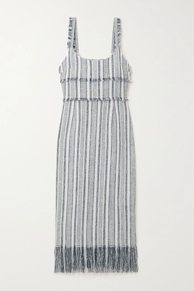 Jordan Fringed Striped Woven Midi Dress - Navy