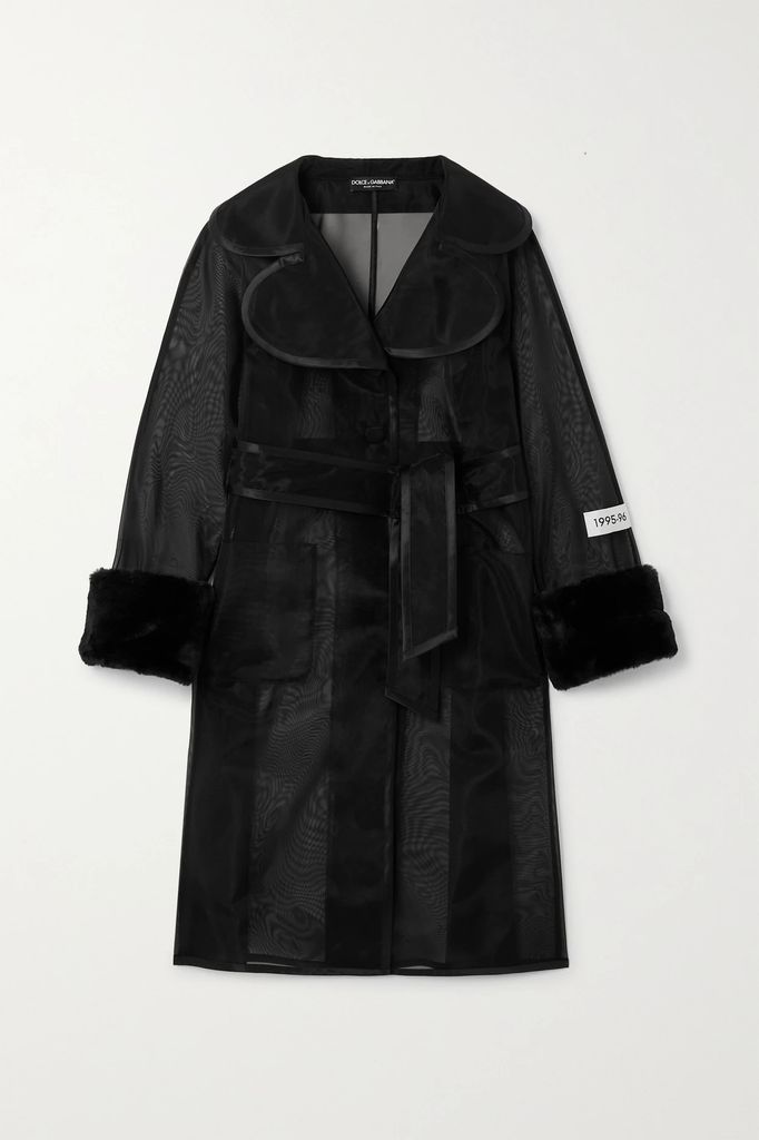 Kim Faux Fur-trimmed Organza Trench Coat - Black