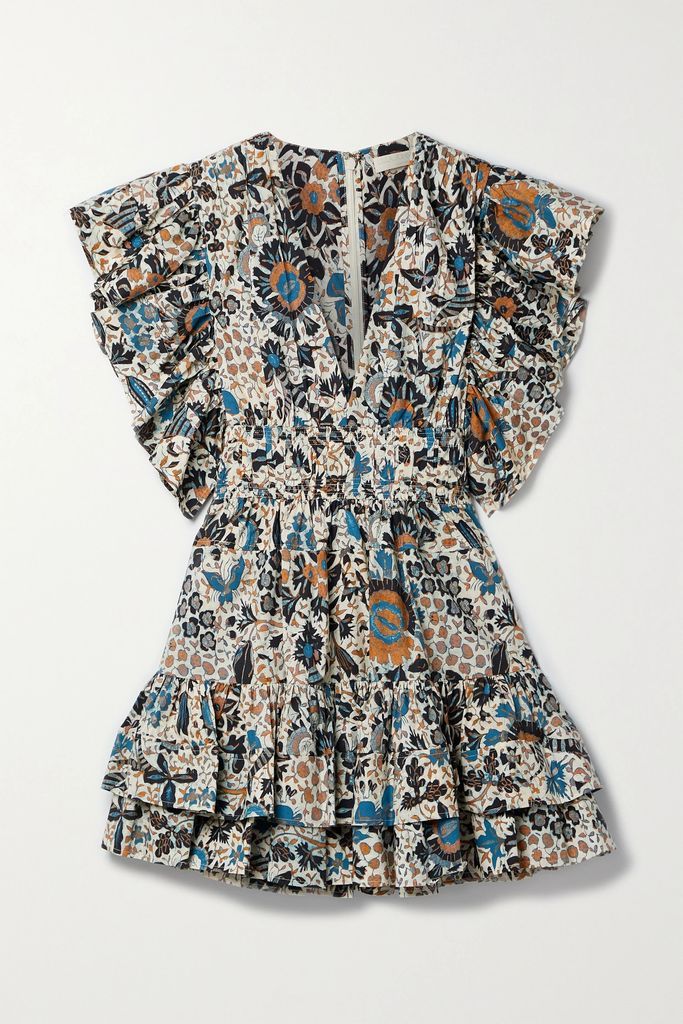 Kiri Tiered Ruffled Floral-print Cotton-poplin Mini Dress - Navy