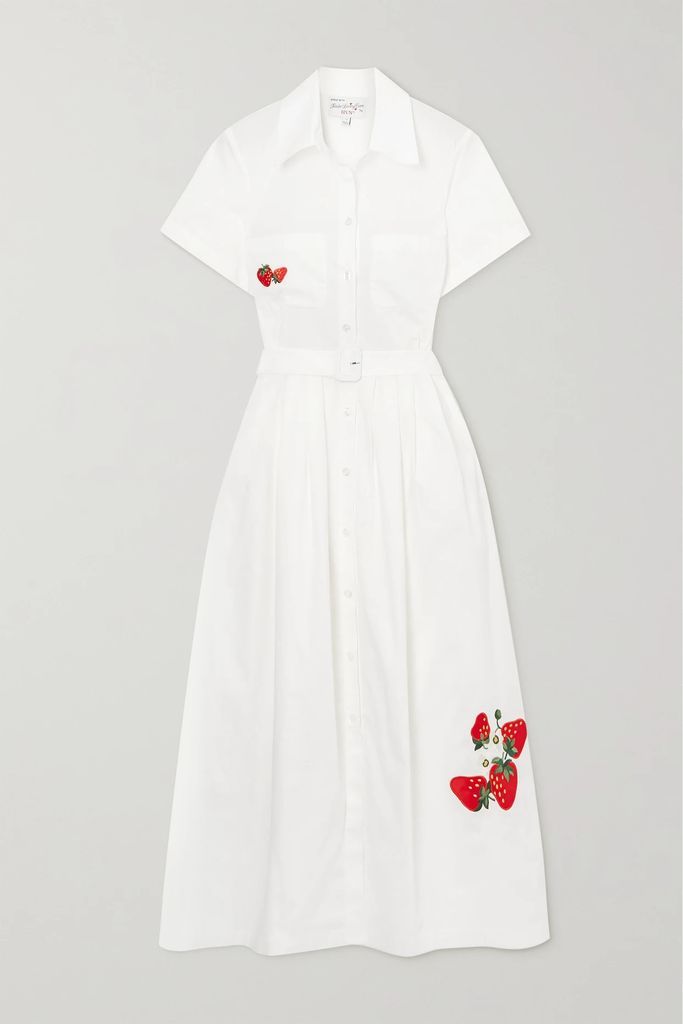 Kristin Belted Embroidered Stretch-cotton Voile Midi Shirt Dress - White