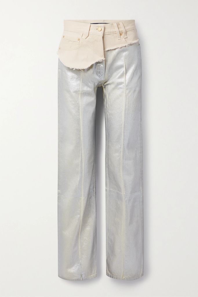 Layered Frayed Metallic High-rise Straight-leg Jeans - Silver