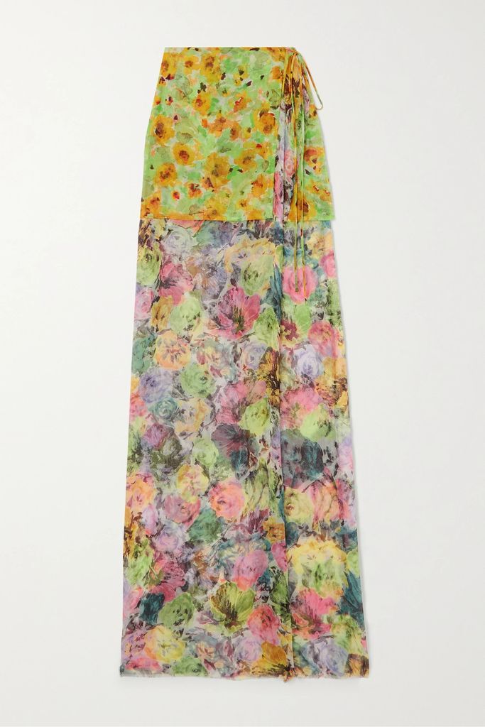 Layered Floral-print Silk-georgette And Chiffon Maxi Wrap Skirt - Yellow