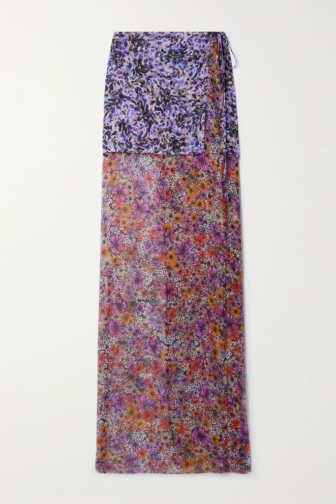 Layered Floral-print Silk-crepon Wrap Maxi Skirt - Purple