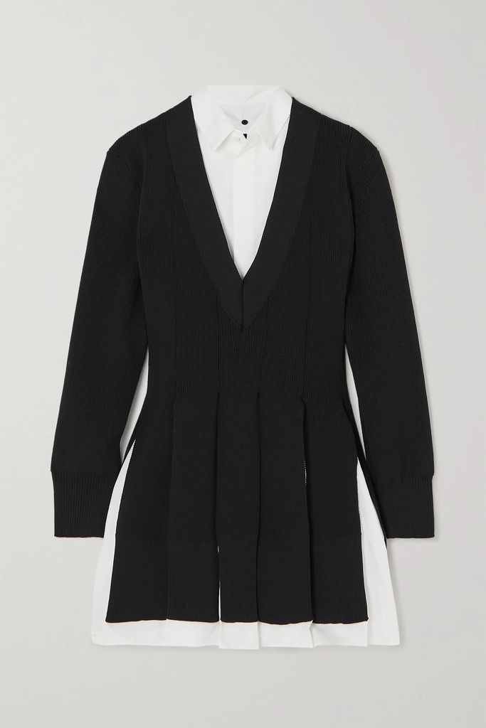 Layered Poplin And Ribbed-knit Mini Shirt Dress - Black