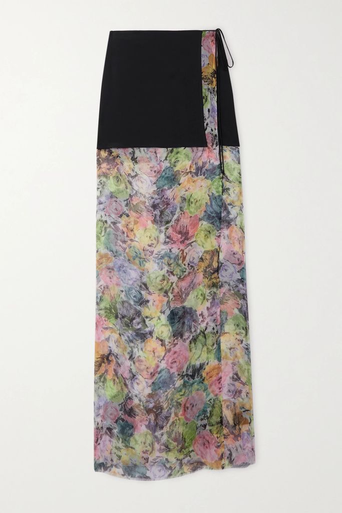 Layered Silk-blend And Floral-print Chiffon Maxi Wrap Skirt - Black