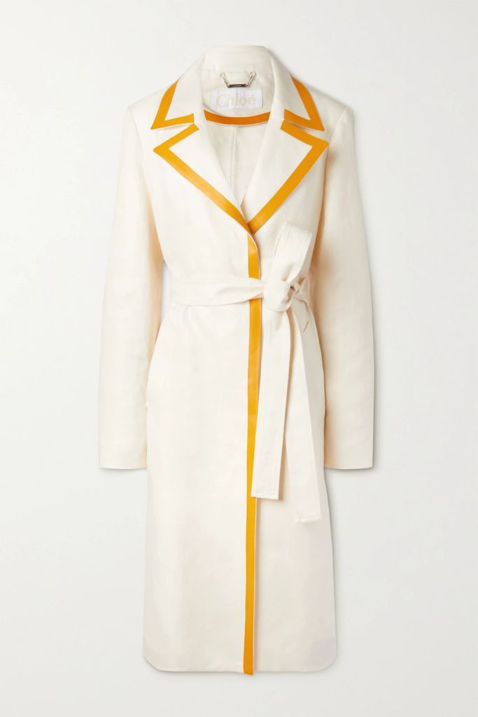 Leather-trimmed Linen-canvas Trench Coat - White