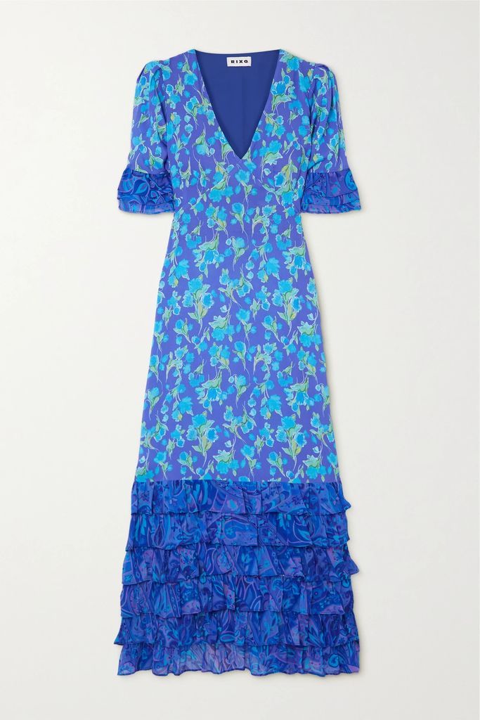 Mari Ruffled Tiered Chiffon-trimmed Floral-print Voile Maxi Dress - Blue