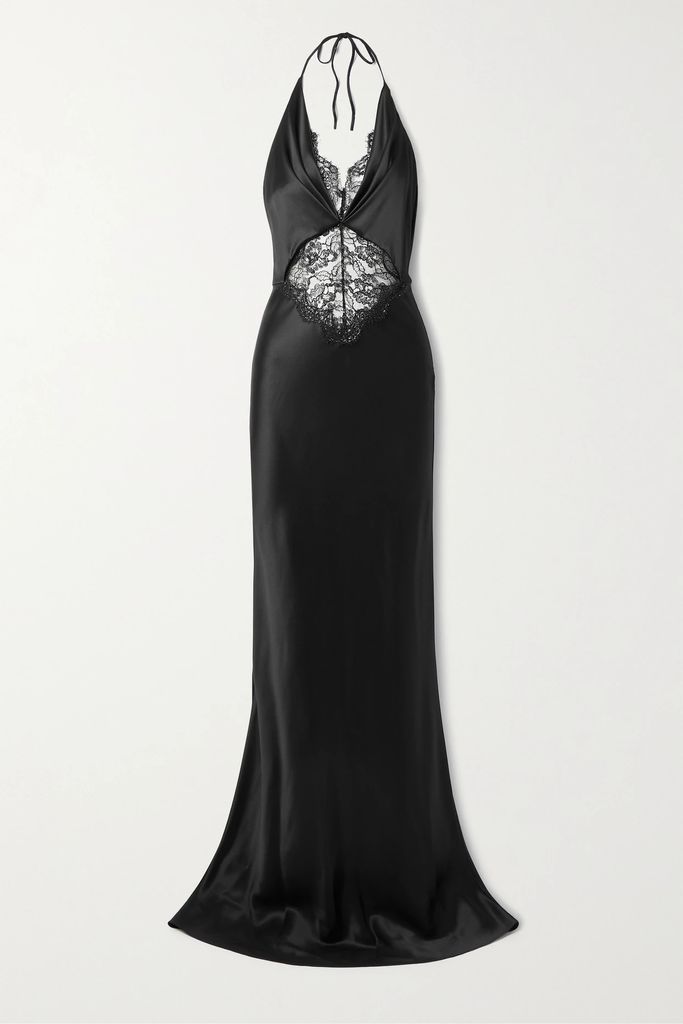 Maria Metallic Lace-trimmed Silk-charmeuse Halterneck Gown - Black