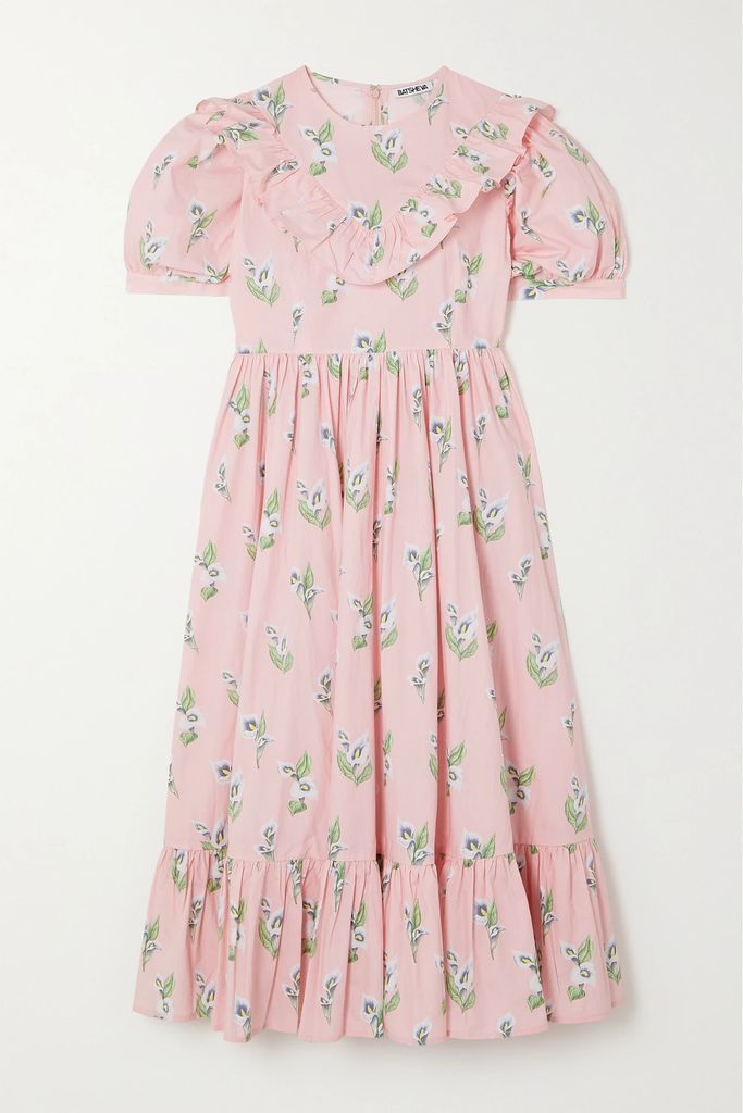 May Ruffled Floral-print Cotton-poplin Midi Dress - Pink
