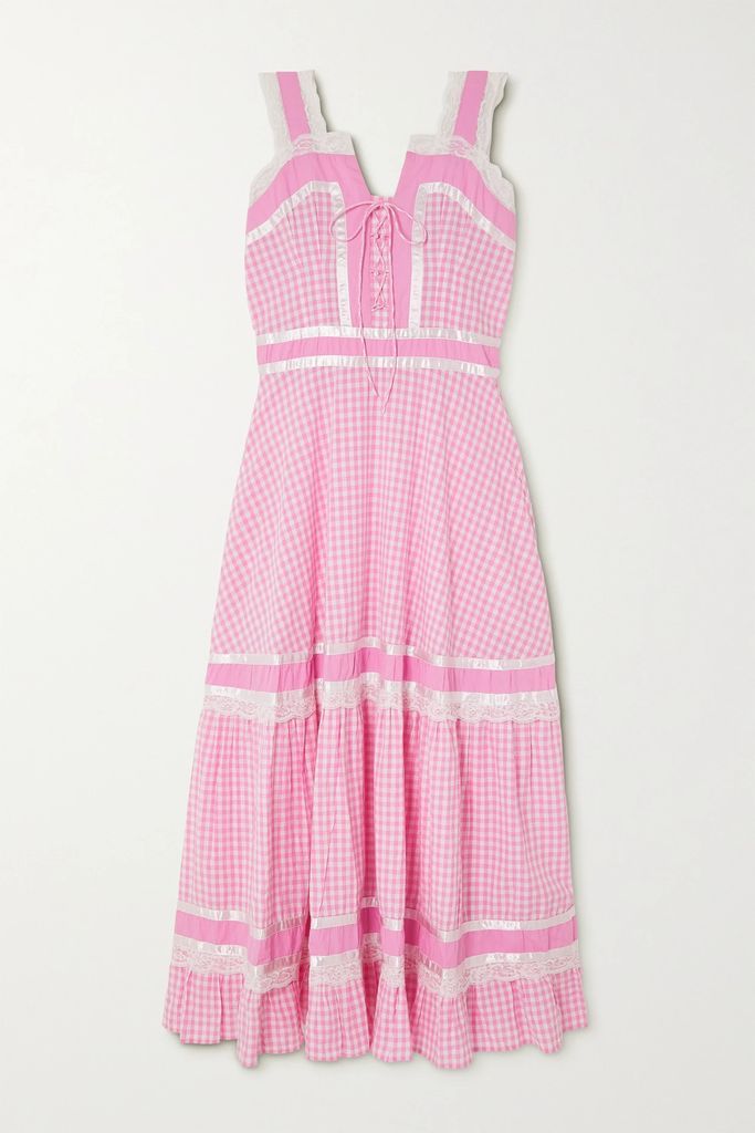 Meadow Tiered Satin And Lace-trimmed Gingham Cotton-poplin Maxi Dress - Pink
