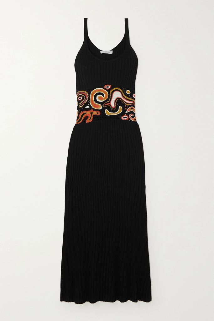 Mila Crochet-paneled Ribbed Cashmere And Silk-blend Maxi Dress - Black