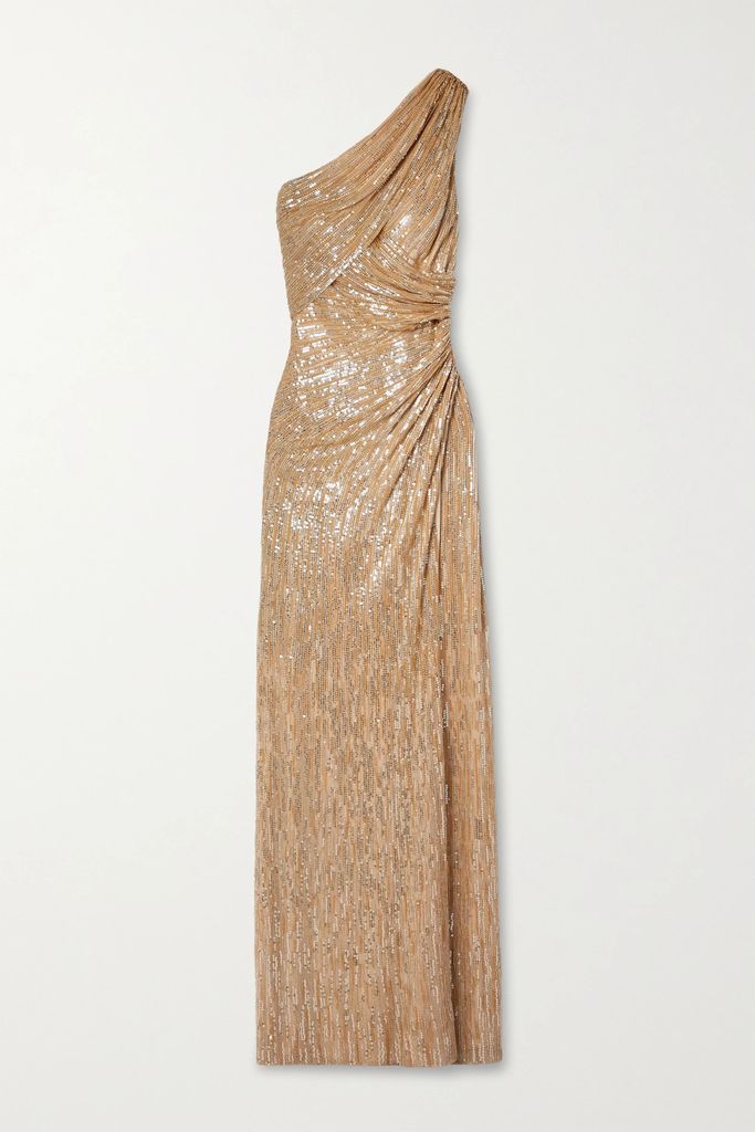 Monamour One-shoulder Draped Embellished Silk-tulle Gown - Gold