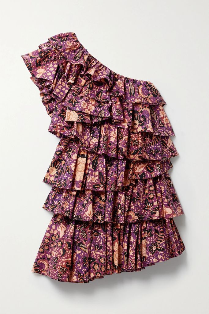 Naomi One-shoulder Ruffled Floral-print Cotton-poplin Mini Dress - Purple