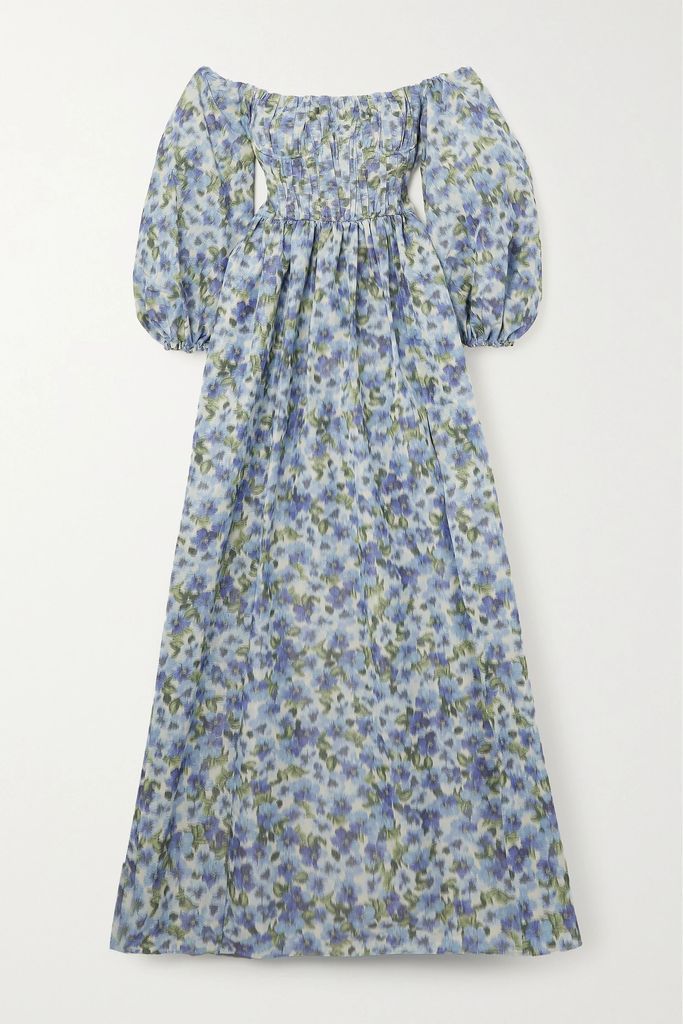 Off-the-shoulder Floral-print Taffeta Gown - Sky blue