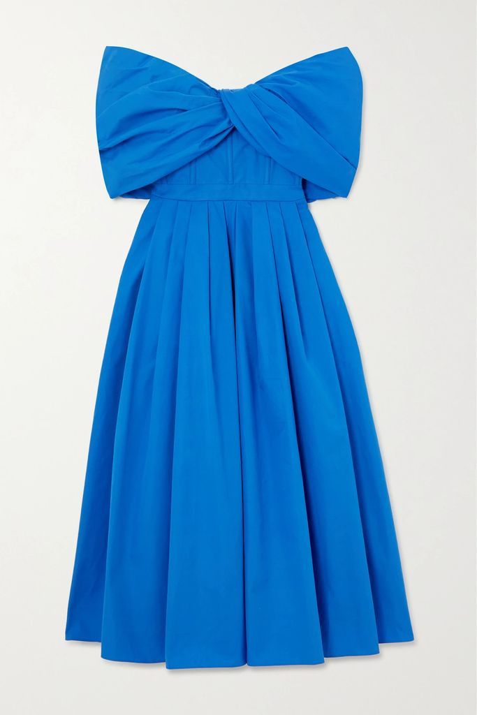 Off-the-shoulder Pleated Cotton-poplin Midi Dress - Blue