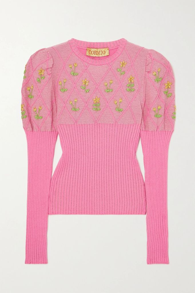 Oma Ribbed Embroidered Metallic Cotton-blend Sweater - Baby pink