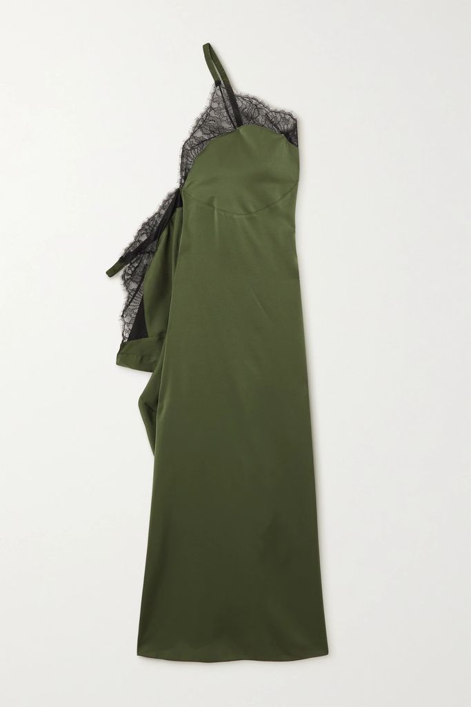 One-shoulder Lace-trimmed Satin Maxi Dress - Army green