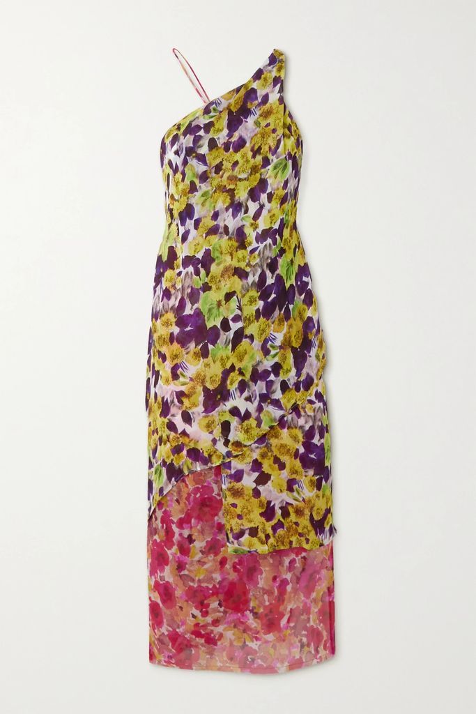 One-shoulder Open-back Layered Floral-print Chiffon Midi Dress - Yellow