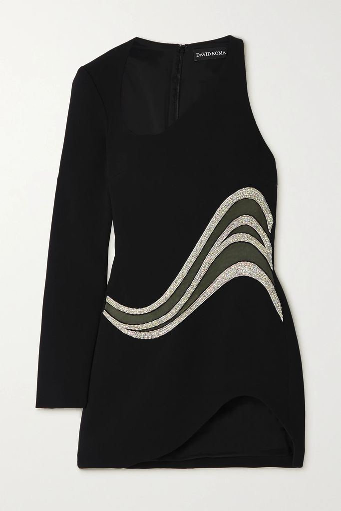 One-sleeve Crystal-embellished Mesh-trimmed Cady Mini Dress - Black