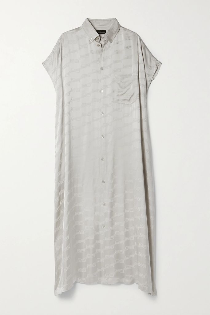 Oversized Frayed Satin-jacquard Midi Shirt Dress - Gray