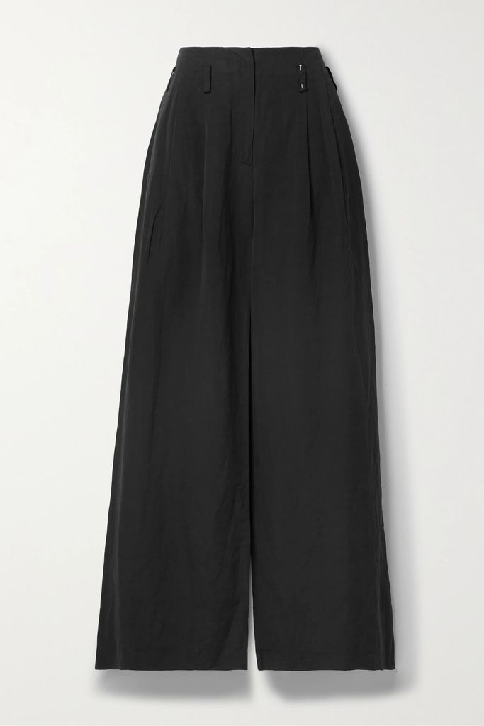 Pascale Pleated Slub Cotton-blend Wide-leg Pants - Black