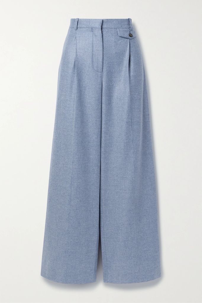 Pleated Cashmere Wide-leg Pants - Blue