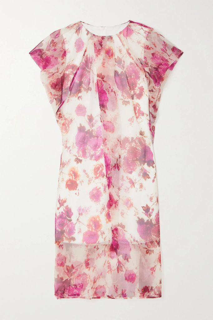 Pleated Floral-print Organza Dress - Pink