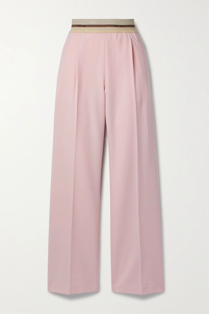 Pleated Jacquard-trimmed Stretch-twill Straight-leg Pants - Baby pink