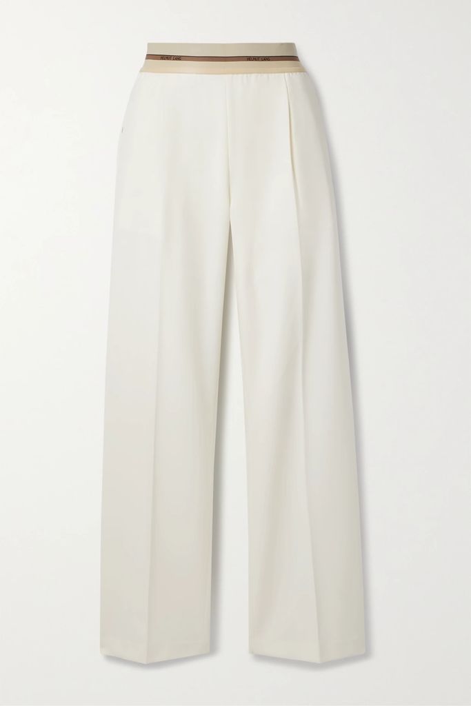 Pleated Jacquard-trimmed Stretch-twill Straight-leg Pants - Ivory